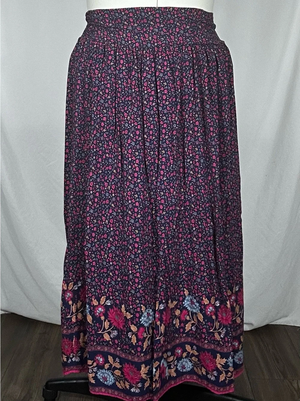 NATURAL LIFE Navy Maxi Skirt with Pink Floral Border